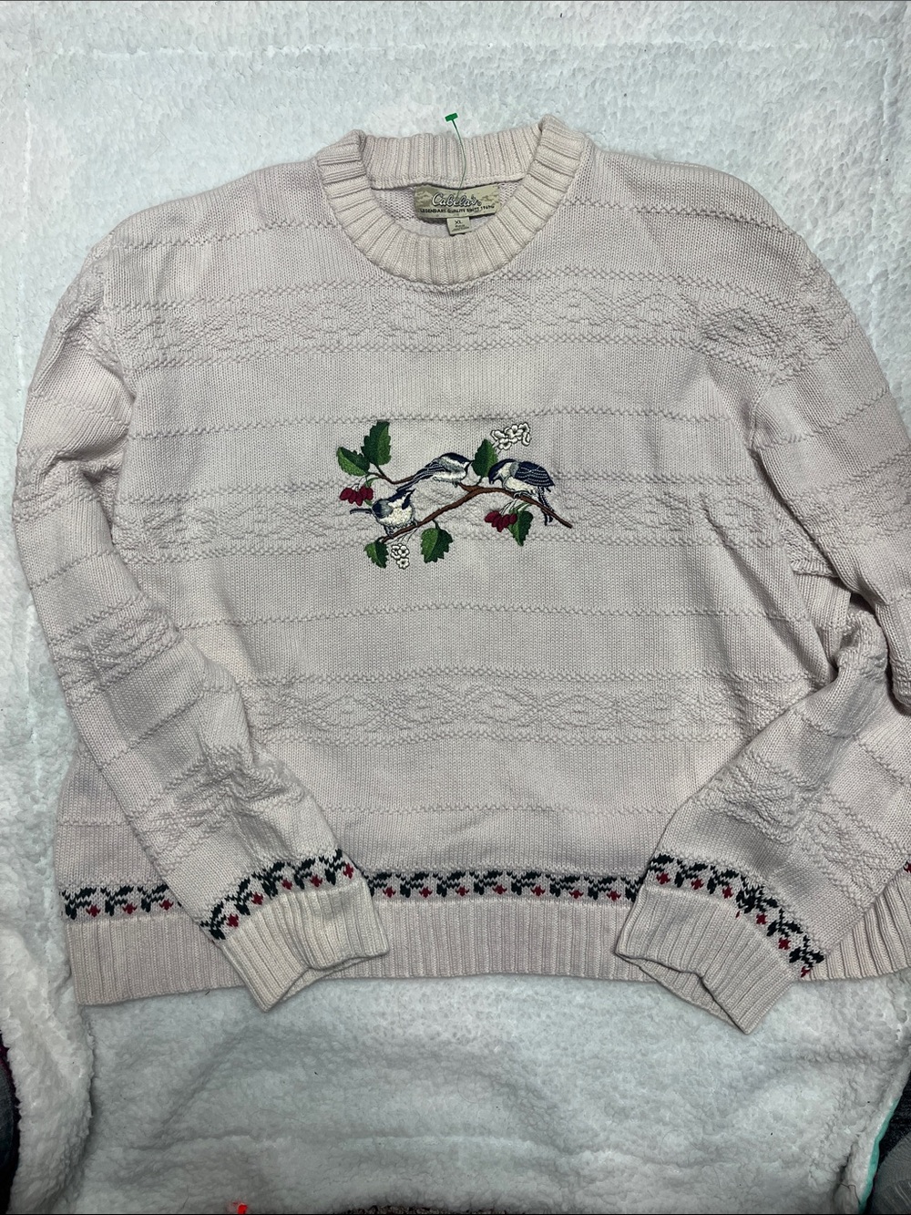 Women’s Beige Cabela’s embroidered Bird Crewneck Sweater